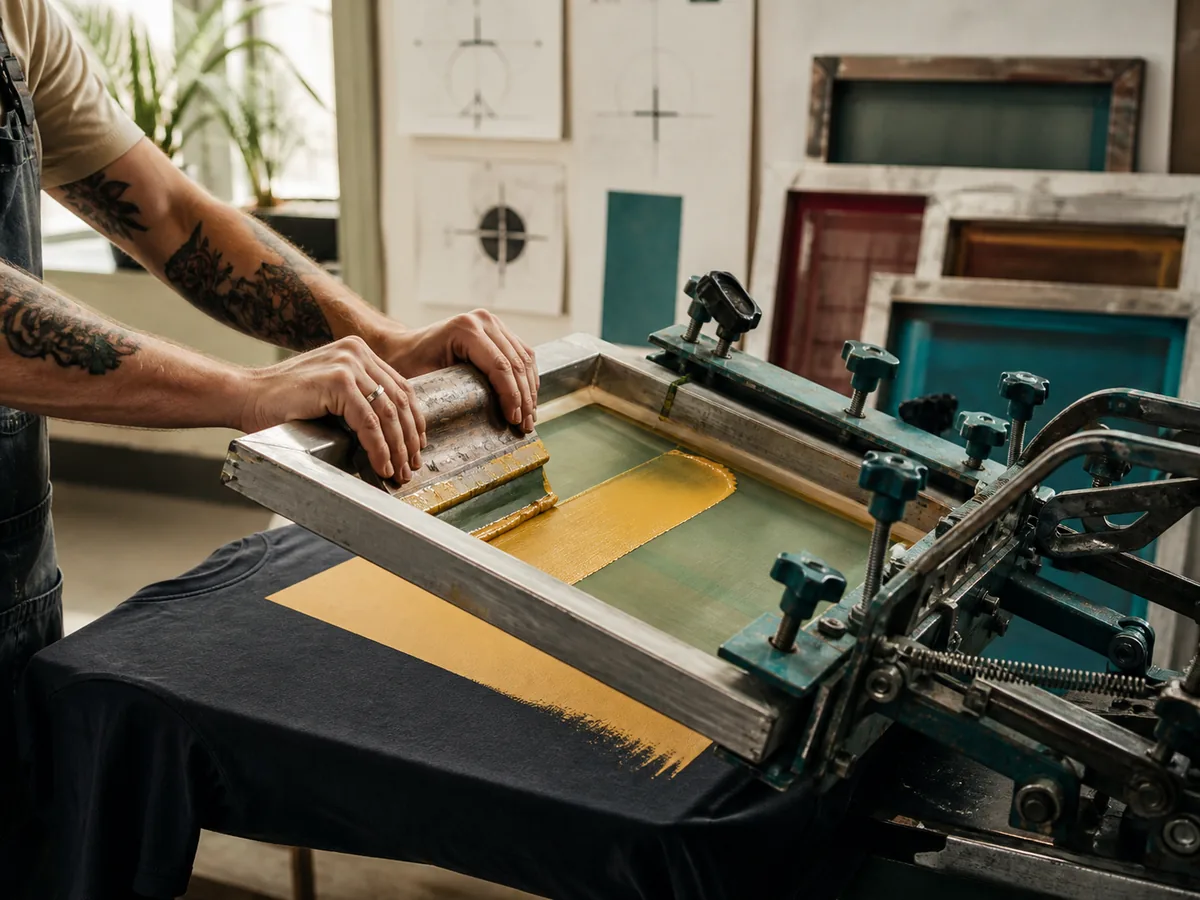 Screen printing press pulling ink across a mesh screen onto a shirt