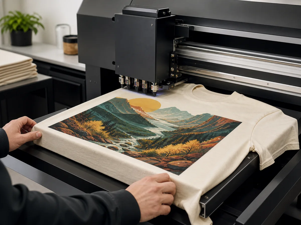 Direct-to-garment printer laying down a full-color design