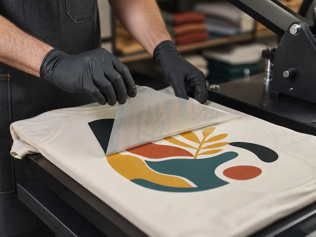 DTF film transfer being applied to a garment