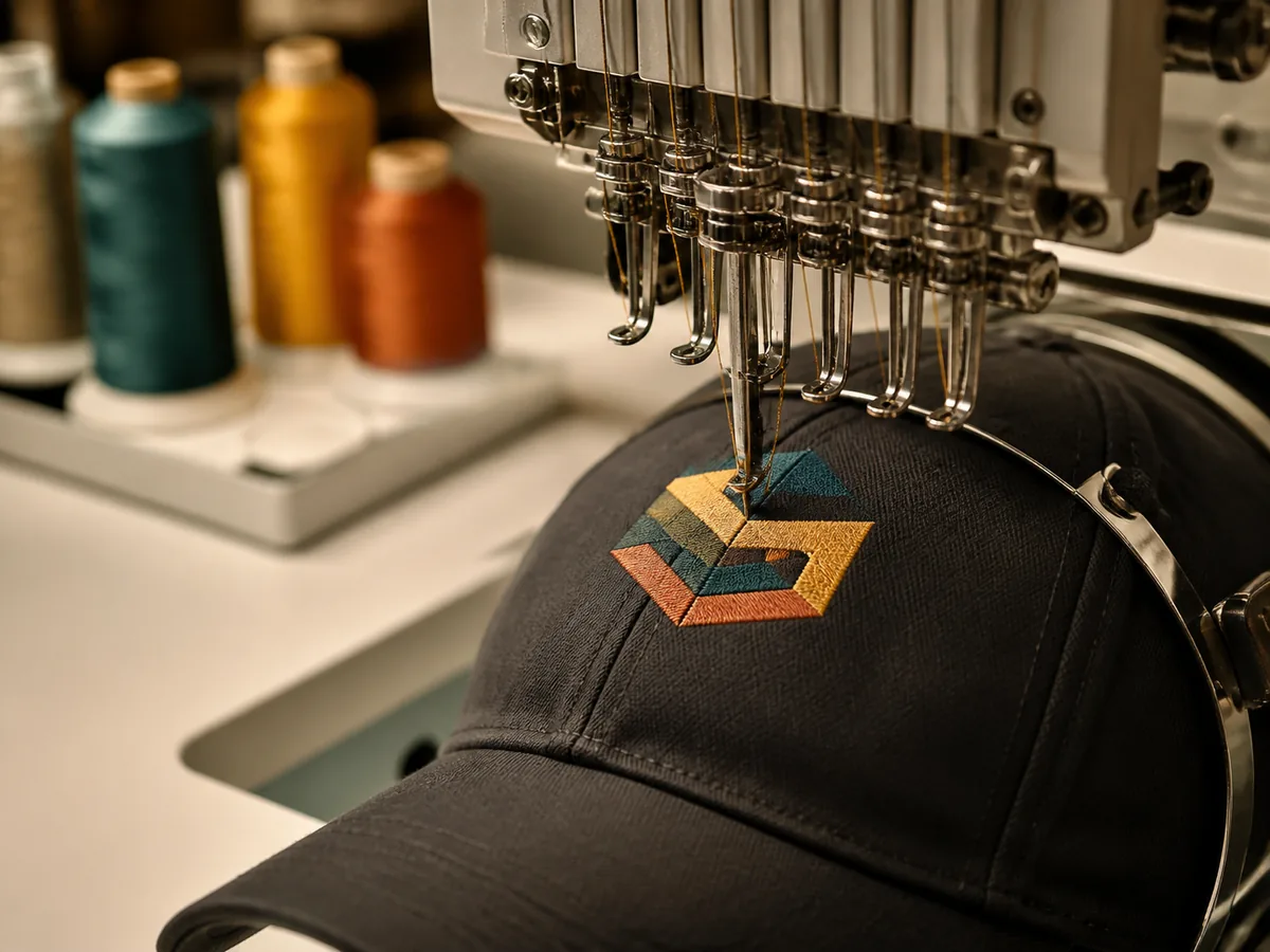Embroidery machine stitching a logo into fabric