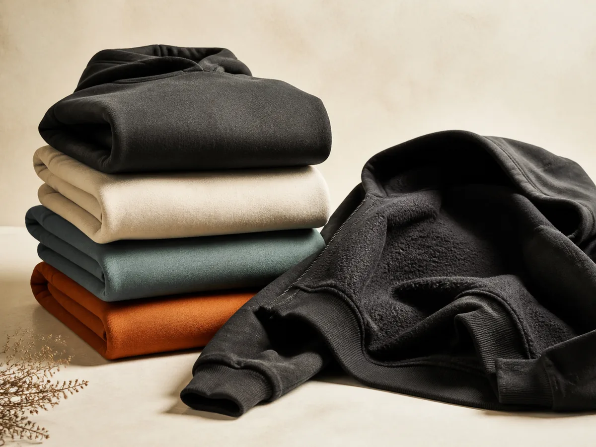 Stack of folded custom hoodies