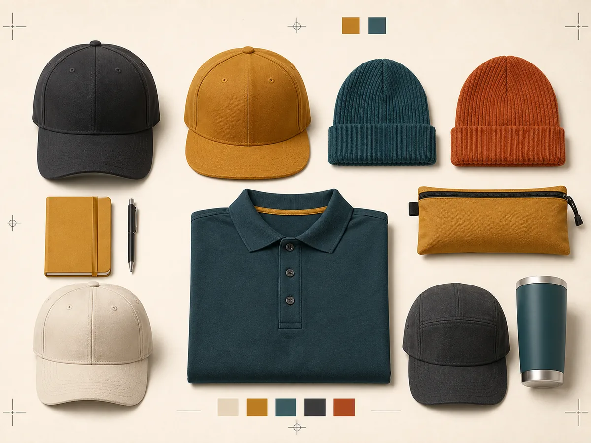 Flat lay of embroidered custom hats
